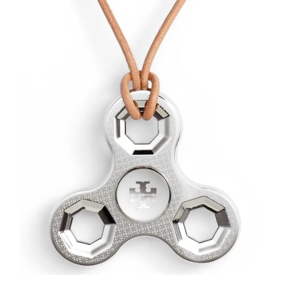 Tory Burch Silver and Leather Logo Spinner Necklace